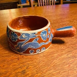 Vintage Mexican Clay Bowl with Knob Handle w/ Very Artistic Deer & Flower Design
